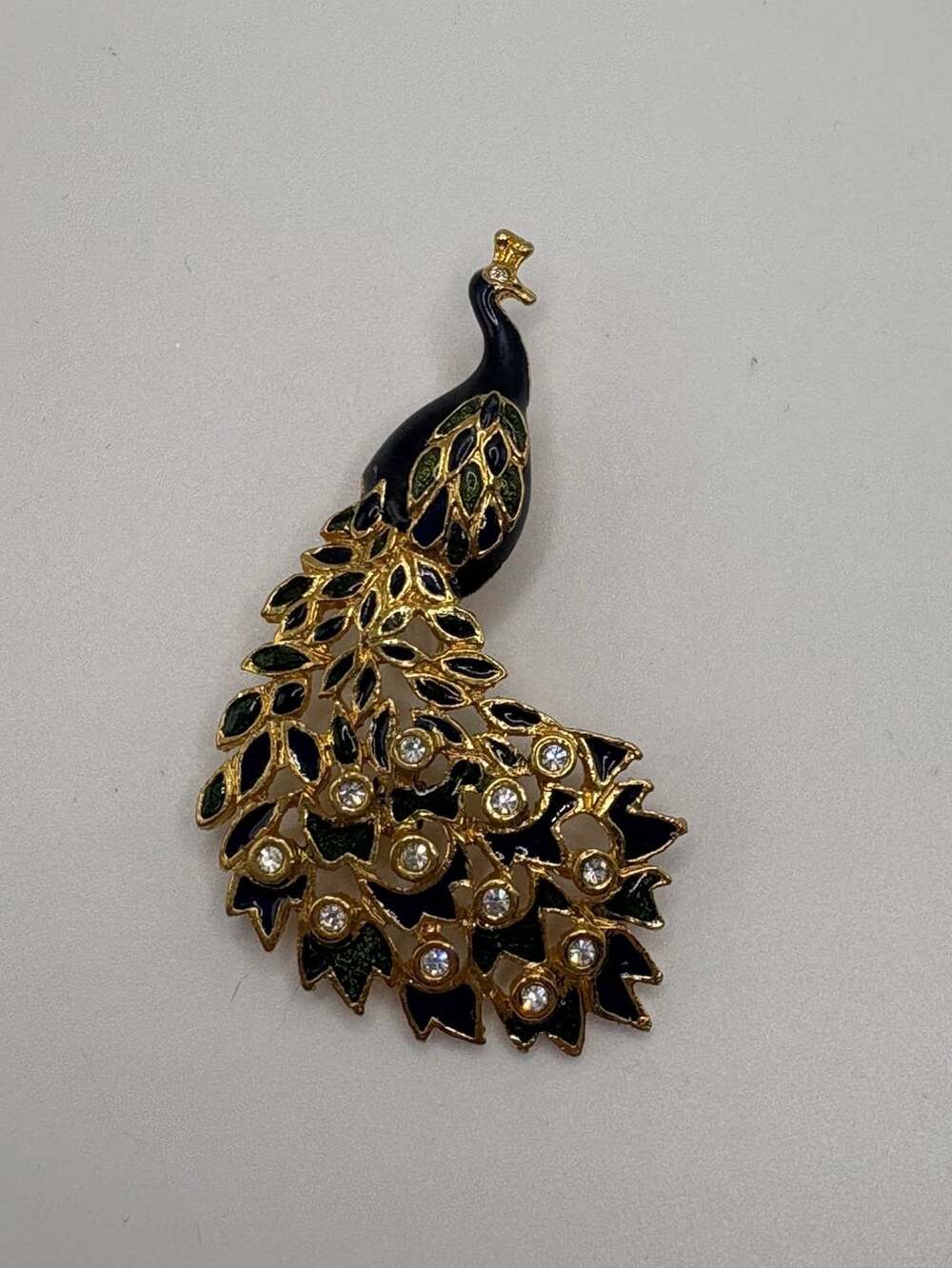 Vintage Gold Tone Black Enamel and Clear Rhinestone Peacock Brooch Pin